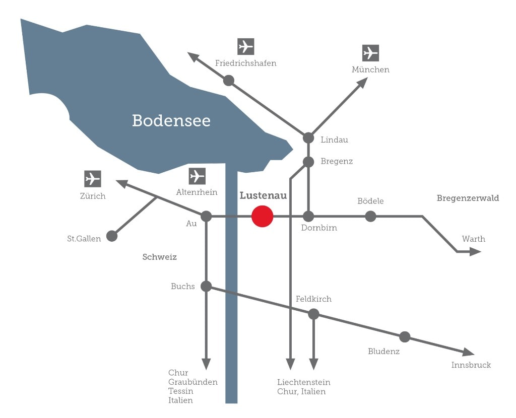 Schematische Karte: Lustenau zentral im Bodenseeraum mit Anbindung an Zürich, München, Friedrichshafen und Altenrhein